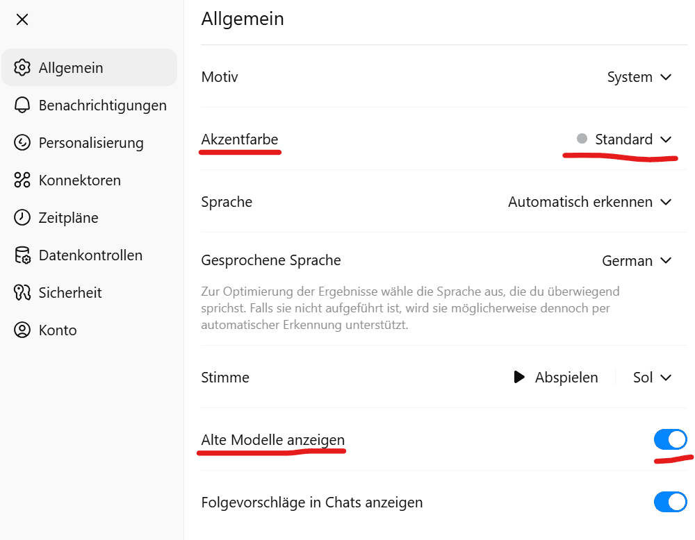 alte modelle in chatgpt 5 anzeigen lassen und akzentfarbe