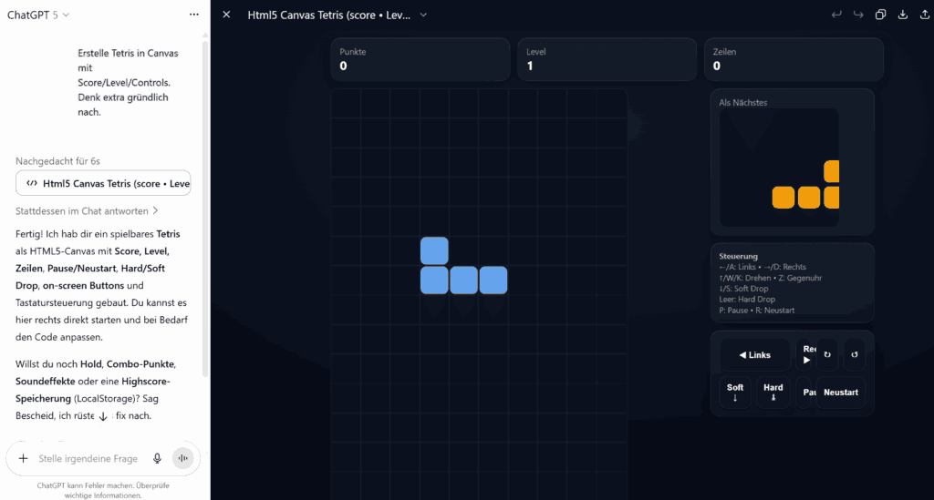 chatgpt 5 tetris mit 1 prompt programmieren coden