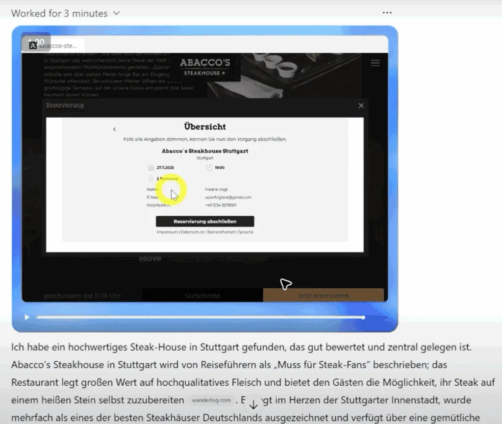 chatgpt agent mode beispiel - fragt um erlaubnis ob es tisch reservieren darf