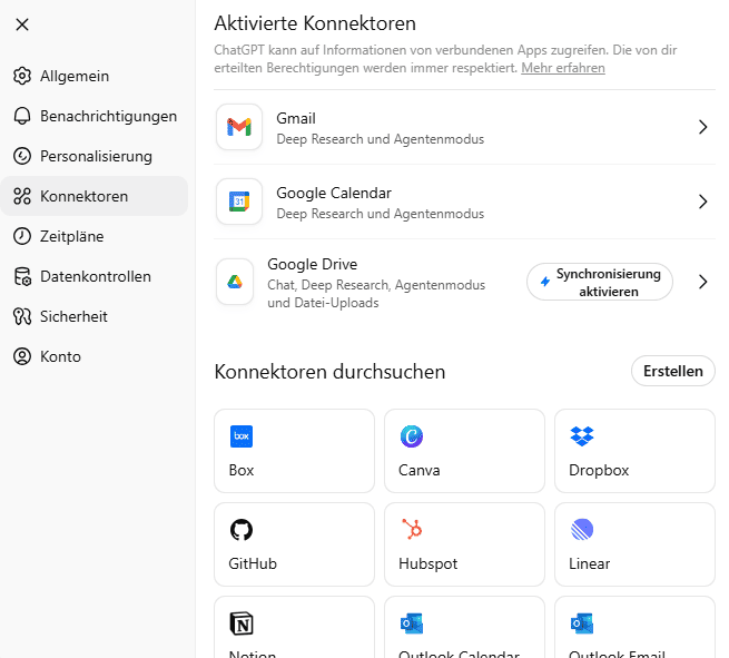 chatgpt konnektoren fuer agent modus