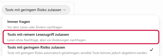 Auswahl der Plugin-Standardberechtigung: Tools mit reinem Lesezugriff zulassen rot markiert, Haken auf Voreinstellung