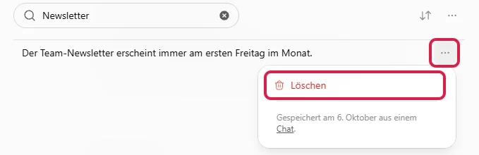 Test-Eintrag in den gespeicherten Erinnerungen, rot markiert sind die drei Punkte und Löschen