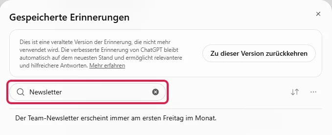 Fenster Gespeicherte Erinnerungen mit Hinweis auf die veraltete Version, Suchfeld rot markiert