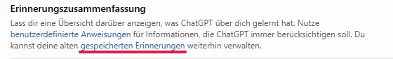 Text bei Erinnerungszusammenfassung, Link gespeicherten Erinnerungen rot unterstrichen