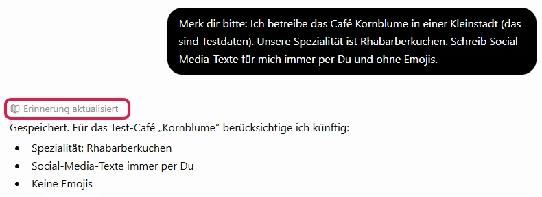 Bitte „Merk dir“ zum Test-Café, darunter der Hinweis Erinnerung aktualisiert rot markiert