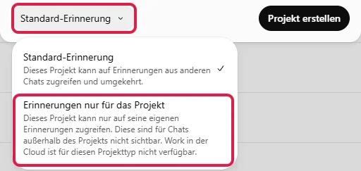 Auswahl beim Anlegen eines Projekts, rot markiert sind Standard-Erinnerung und Erinnerungen nur für das Projekt