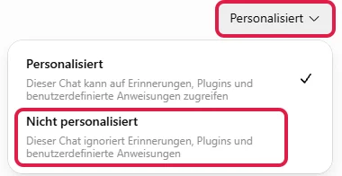 Geöffnete Auswahl Personalisiert, rot markiert sind der Knopf und die Option Nicht personalisiert