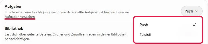 Zeile Aufgaben mit geöffneter Auswahl Push und E-Mail, rot markiert, und dem Link Aufgaben verwalten