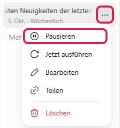 Menü hinter den drei Punkten einer Aufgabe, drei Punkte und Pausieren rot markiert