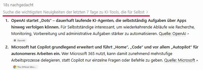 Ergebnis im Chat der Aufgabe, Name der Aufgabe rot unterstrichen, darunter zwei Neuigkeiten mit Quellen