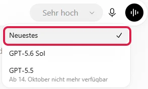 Modellliste mit rot markiertem Eintrag Neuestes, darunter GPT-5.6 Sol und GPT-5.5 mit Hinweis auf das Ende