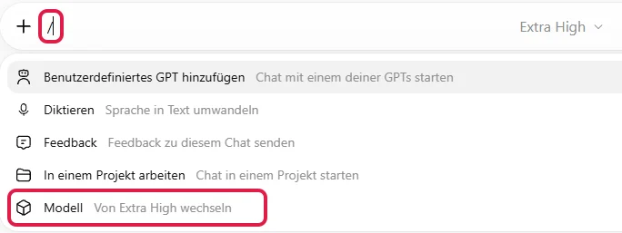 Befehlsliste nach dem Schrägstrich, der Schrägstrich und der Befehl Modell sind rot markiert