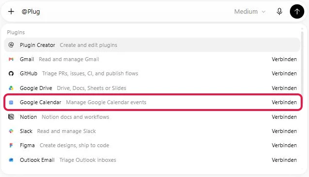 Liste Plugins nach dem @-Zeichen im Eingabefeld, Google Calendar rot markiert