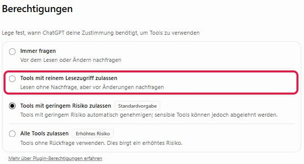 Seite Berechtigungen eines Plugins mit vier Stufen, Tools mit reinem Lesezugriff zulassen rot markiert