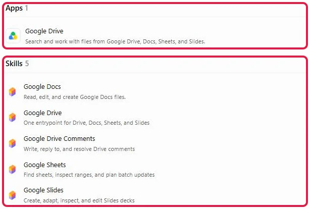 ChatGPT Plugins am Beispiel Google Drive: eine App und fünf Skills, beide Bereiche rot markiert
