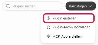 Geöffnetes Menü Hinzufügen auf der Plugins-Seite, Plugin erstellen rot markiert