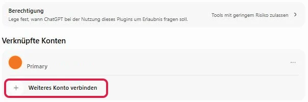 Bereich Verknüpfte Konten eines Plugins, Weiteres Konto verbinden rot markiert
