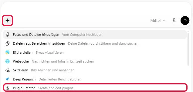 Geöffnetes Plus-Menü im Eingabefeld, das Plus-Zeichen und der Eintrag Plugin Creator rot markiert
