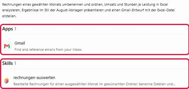Beschreibung eines eigenen Plugins mit der App Gmail und dem Skill rechnungen-auswerten, beide Bereiche rot markiert