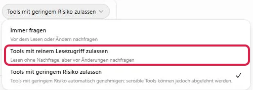 Auswahl der Standardberechtigung mit drei Stufen, Tools mit reinem Lesezugriff zulassen rot markiert