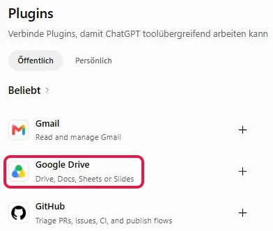 Plugin-Verzeichnis mit dem Bereich Beliebt, Symbol und Name von Google Drive rot markiert