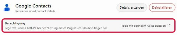Einstellungsseite des Plugins Google Contacts, die Zeile Berechtigung rot markiert