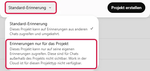 Auswahl der Erinnerung mit Haken bei Standard, rot markiert die Option Erinnerungen nur für das Projekt
