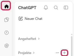 Aufgeklappte Seitenleiste mit rot markiertem Haus-Symbol und rot markiertem Plus neben Projekte