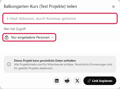Teilen-Fenster, rot markiert E-Mail-Feld und Auswahl Nur eingeladene Personen