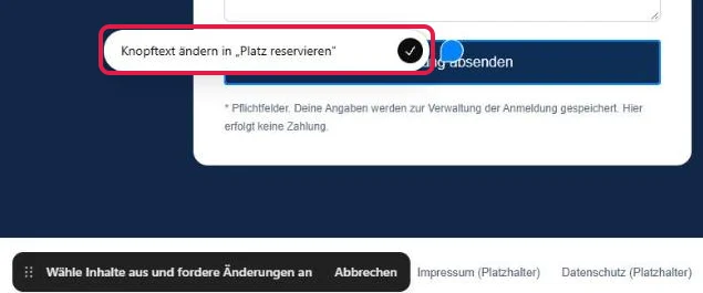 Rot markiertes Feld mit der gewünschten Änderung neben dem gewählten Knopf