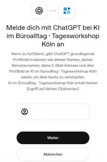 Anmeldeseite Melde dich mit ChatGPT bei der Test-Site an, mit den Knöpfen Weiter und Abbrechen