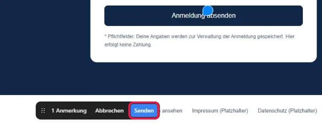 Leiste mit 1 Anmerkung und Abbrechen, rot markiert der Knopf Senden