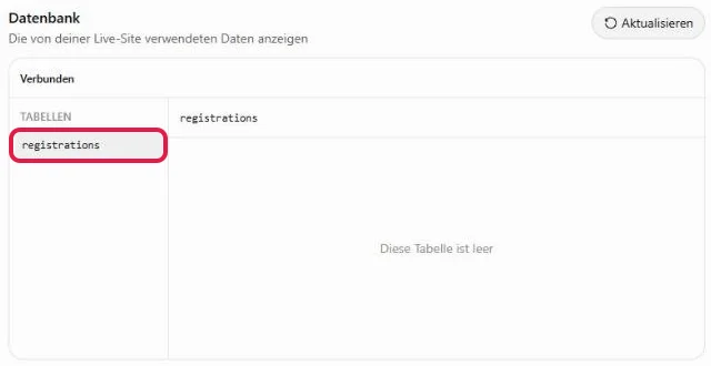 Bereich Datenbank mit der noch leeren Tabelle registrations, rot markiert die Tabelle