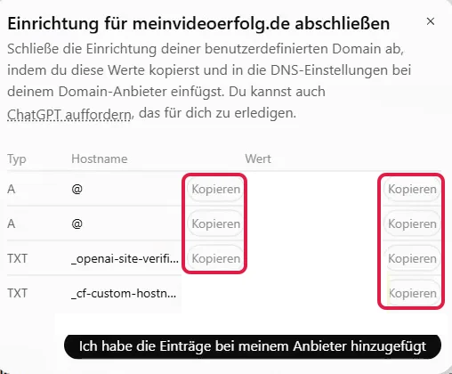Fenster mit zwei A- und zwei TXT-Einträgen, Werte unkenntlich, rot markiert die Knöpfe Kopieren