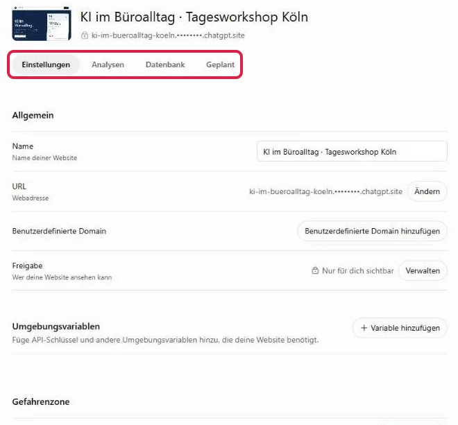 Einstellungen der Test-Site mit Name, URL, Domain, Freigabe und Umgebungsvariablen, rot markiert die vier Reiter
