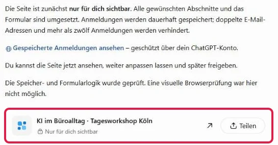 Antwort nach dem Bau, rot markiert die Karte mit Nur für dich sichtbar und Teilen