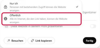 Geöffnete Auswahl mit den Stufen „Nur ich“ und „Öffentlich“, rot markiert „Öffentlich“