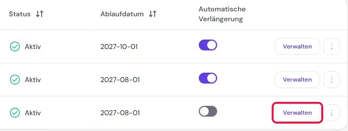 Domainliste bei Hostinger mit Status und Ablaufdatum, rot markiert der Knopf Verwalten in einer Zeile