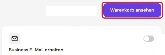 Zusatzangebot Business E-Mail mit Schalter aus, darüber rot markiert der Knopf Warenkorb ansehen