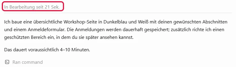 Zwischenstand In Bearbeitung seit 21 Sek. mit dem Plan, rot markiert der Status