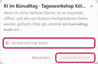 Abfrage zum Löschen der Website, rot markiert das Feld für den Kurznamen und Dauerhaft löschen