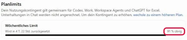 Planlimits auf der Seite Nutzung, rot markiert das Wochenlimit mit 91 % übrig