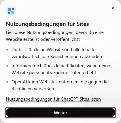 Fenster Nutzungsbedingungen für Sites mit drei Hinweisen, rot markiert der Knopf Weiter