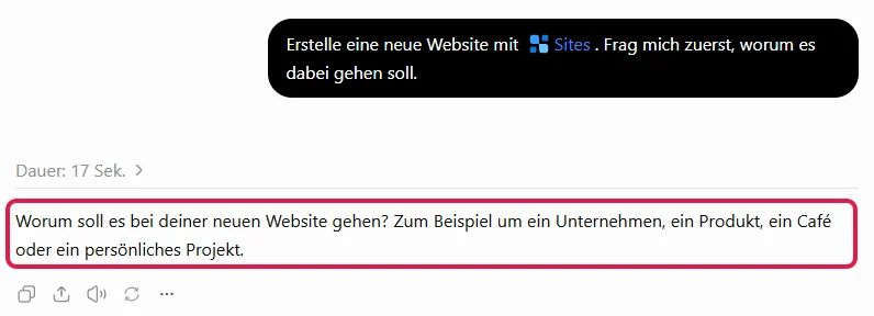 Abgeschickter Startprompt und die rot markierte Rückfrage, worum es bei der Website gehen soll