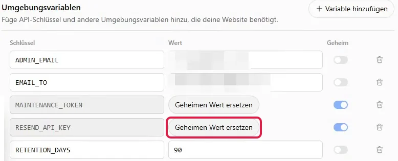 Umgebungsvariablen einer Site mit RESEND_API_KEY, rot markiert der Knopf Geheimen Wert ersetzen