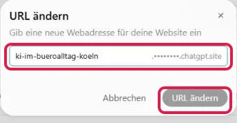 Fenster URL ändern, rot markiert das Feld für den vorderen Teil und der Knopf URL ändern