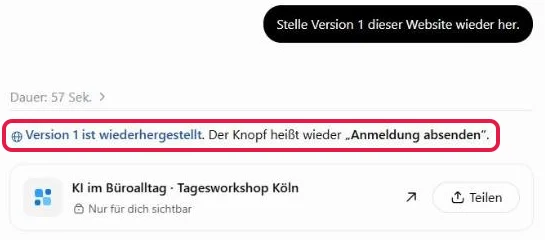 Nachricht zum Wiederherstellen von Version 1, rot markiert die Antwort, dass sie wiederhergestellt ist