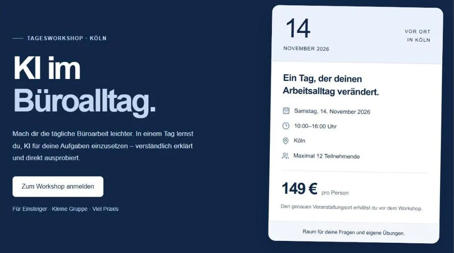 ChatGPT Sites: Startbereich einer fertigen Workshop-Seite mit Termin, Preis und Anmeldeknopf