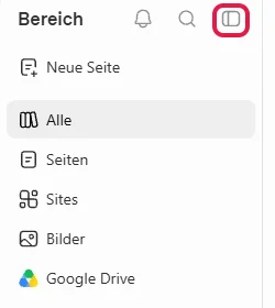Seitenleiste Bereich mit ihren Einträgen, oben rechts das rot markierte Symbol Seitenleiste umschalten
