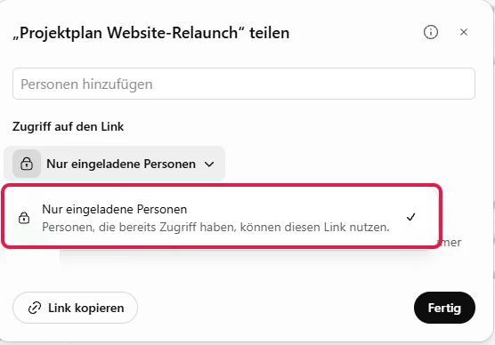 Geöffnete Auswahl Zugriff auf den Link mit der einzigen Option Nur eingeladene Personen, rot markiert